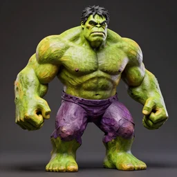 wooden sculpture of hulk, intricate and vibrant color details, zbrush, hyper realistic, golden ratio, macro lens, unreal engine,, vibrant color