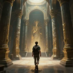 fantasy, temple interior, adventurer exploring shoot from behind, high detail, cinematic lighting, concept art, digital art, illustration, smooth, sharp focus, greg rutkowski, alphonse mucha, loish, wlop, trending on artstation, trending on deviantart
