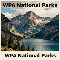mountains, trees, and lake, wpa national parks poster