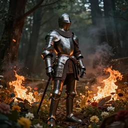 full body image of a baroque knight in bed of flowers in dark forest, surrounded by fire and smoke, moody, rim light, dynamic lighting, cinematic shot, gritty, ultra - detail, renderman, physically based render