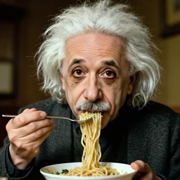 Albert Einstein sucking noodles with his mouth,