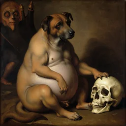obese dog in hell, sitting next to a human skull, renaissance painting