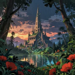 a beautiful ultradetailed anime illustration of monument building nature by jean delville, tundra nightsky anime junglepunk thermal vision at dusk poppy flowers at dawn forest sunlight heavy rain uv light rainforest lake nature darkacademia, archdaily, wallpaper, highly detailed, trending on artstation.
