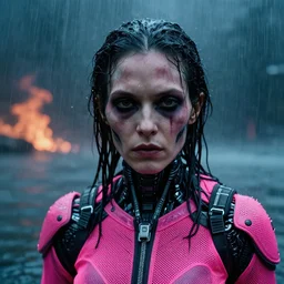 cinestill 5 0 d candid photographic portrait by helen levitt of a evil looking cyborg wearing rugged neon pink mesh techwear in treacherous waters, extreme closeup, modern cyberpunk moody depressing cinematic, pouring rain, the world is on fire, 8 k, hd, high resolution, 3 5 mm, f / 3 2, ultra realistic faces, ex machina