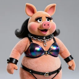 full body digital artwork of miss piggy, wearing black iridescent rainbow latex bra, 4 k, expressive happy smug expression, makeup, in style of mark arian, wearing detailed black leather collar, wearing chains, black leather harness, leather cuffs around wrists, detailed face and eyes,