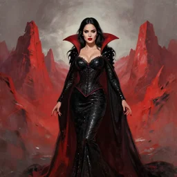 horror art, salma hayek vampire queen, red peaks in the background, art by ismail inceoglu
