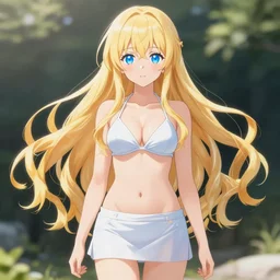 a very beautiful young anime girl with long blond hair, full body, long wavy long blond hair, sky blue eyes, full round face,, bikini, miniskirt, front shot, highly detailed, cinematic wallpaper by stanley artgerm lau
