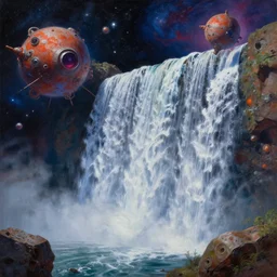 !! waterfall !! in asteroid field, space with stars and cosmos in background, ultra detailed, high quality, very sharp, artstation award winner, ultra realistic, oil painting, digital painting, vibrant, ultra detailed water
