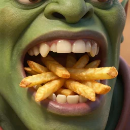 Extremely detailed french fries in orc mouth