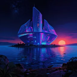 landscape by ludwig mies van der rohe, apocalyptic nightvision at night synthwave thermal imaging landscape neon noir bladerunner 2 0 4 9 uv light reclaimed by nature sea at dusk fisheye galactic studio ghibli lake vaporwave morning sun cyberpunk, archdaily, wallpaper, highly detailed, trending on artstation.