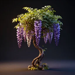 an isolated wisteria plant, full view, centered, cinematic rim lighting, high - poly 3 d render, art nouveau, strong contrast, ultra realistic, masked transparent flat background, popular on sketchfab, pixelsquid, unreal engine, zbrush, vray, 8 k, volumetric lighting, super focused, no blur, trending on artstation, octane render, ultra detailed, hyperrealistic, by james gurney, greg rutkowski and alphonse mucha
