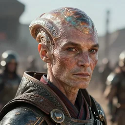 VFX movie of a futuristic alien warrior closeup portrait in war zone, beautiful natural skin natural lighting by Emmanuel Lubezki
