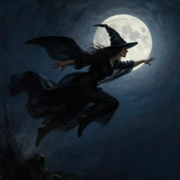 witch flying, trough the night, fantasy, full moon in background. highly detailed painting by gaston bussiere, craig mullins, j. c. leyendecker 8 k