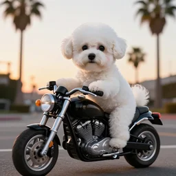 a photorealistic image of a white bichon frise puppy dog riding a black motorcycle in Hollywood at sundown. Palm trees in the background. Paws on handlebars. This 4K HD image is Trending on Artstation, featured on Behance, well-rendered, extra crisp, features intricate detail and the style of Unreal Engine.