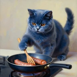 beautiful impressionist painting of dark blue british - shorthair kitten cooking some sausages on a pan
