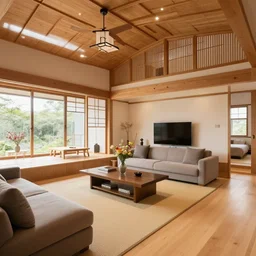 full interior view photo of modern fully furnished japanese living room in a luxurious wooden cottage, with floral arrangements, ultra realistic, architecture photography by alvar aalto, telephoto lens, canon rf 8 0 0 mm f / 5. 6 l