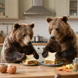 two bears making sandwiches in the kitchen, miracle, photorealistic, very detailed, award winning photo, masterpiece