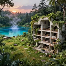 a beautiful hyperdetailed highly detailed game room nature urbex building abandoned by bernard tschumi, landscape at dawn nature lake thermal imaging rainforest fisheye at dusk meadow, archdaily, wallpaper, highly detailed, trending on artstation.