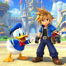 screenshot of kingdom hearts 3, Disney and final fantasy crossover, donald duck and goofy npc characters, Kingdom hearts styled gameplay, unreal engine 4, kingdom hearts 3, kingdom hearts, cartoony lighting, disneyworld at kingdom hearts, Disney inspired setting with Sora and Donald in the scene, image of an action adventure rpg, magical fantasy l, artstationHD, stunning pixar graphics, rtx on, sharp focus