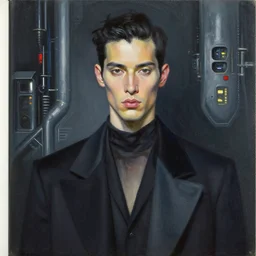 portrait of a handsome man dressed in clothes by yohji yamamoto art by ohji yamamoto, head shoot fashion photobook, futuristic fashion, scifi, reimagined by industrial light and magic, oil on canvas, hd