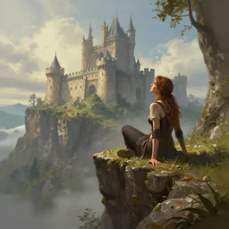 a woman sitting on a cliff with a castle in the background, a detailed matte painting by mandy jurgens, cgsociety, fantasy art, matte painting, reimagined by industrial light and magic, artstation hq