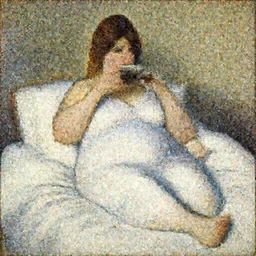 a beautiful painting of a beautiful fat woman wearing a nightgown drinking coffee in a bed with white sheets in the style of in the style of Telous Lautrec