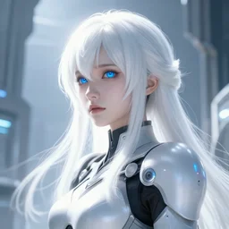 perfect white haired girl, warframe armor, beautiful, dreamy, pretty face, blue cyborg eyes, portrait, bright light, scifi, emotional, utopian architecture in the background, laboratory, 4 k, high definition, ultra realistic, aura of light, cinematic, highly detailed, masterpiece, art by akihito tsukushi, akasuki brightmind