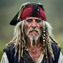 photo portrait of a white hair very old and rugged, dirty very skinny pirate with long white dreadlock hair, crooked teeth, wearing a red headband and black hat, one yepatch, very detailed photo, sigma lens 70mm