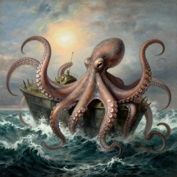 mutant octopus with gigantic tentacles encircling a frigate above the waves of an angry ocean, by jmw turner