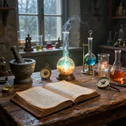 cluttered, oaken table, spell book, wizards laboratory, tony sart, window, mortar, pestle, glowing powder, compass, alembic, streams of flowing light, beakers of colored liquid, greg rutkowski