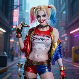 Harley Quinn in a cyberpunk street, concept art, digital art, well detailed, trending on artstation, 8k