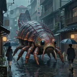 a painting of a massive tardigrade!!!!! walking in a rain soaked back street in osaka. dark! figures! of people holding umbrellas. digital art, trending on artstation, by studio ghibli and greg rutkowski. spirited away. trending on artstation, hyperrealism, unreal engine