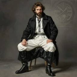 black white cloth fabric jodhpurs knee high boots travel coat fashion, portrait in sitting pose, greg manchess painting by sargent and leyendecker, studio ghibli, fantasy, asymmetrical, intricate, elegant, matte painting, illustration, hearthstone, by greg rutkowski, by greg tocchini, by james gilleard, by joe fenton