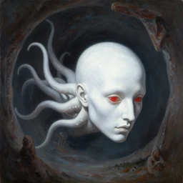 painting by greg rutkowski of a flying human head and face that is chalk white in color, with white tentacles coming of the neck, red eyes, flying in a terrying hell like cavernous place