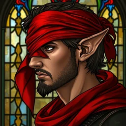 side - view portrait of the iorveth, scoia'tael leader, long red bandana over one eye, eye covered by red bandana, red bandana over forehead, elf ear, no facial hair, stained glass window, very masterful, no artifacts