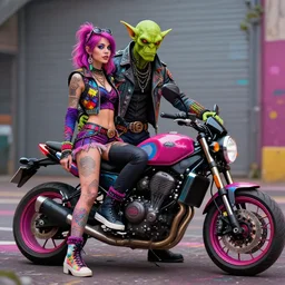 a scifi post apocalyptic orc biker with his girlfriend posing with a motorcycle, psychedelic vibrant colors, futuristic punk rock fashion, by michael whelan art, sharp focus, realistic, highly detailed, 8 k