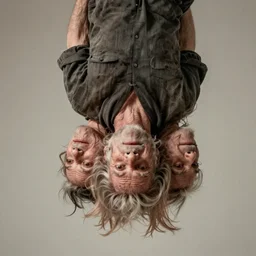 a old man with 3 heads and 6 eyes, long hair, hanging upsidedown by annie leibovitz