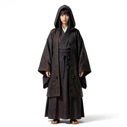 hooded yokai spirit, photorealistic portrait photography, full body, standing, isolated on a pure white background, centered, whole figure in frame, sharp focus, studio lighting