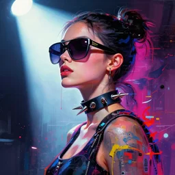 a cyberpunk girl wearing huge sunglasses, wearing a spiked choker, side portrait, defiant, passionate, spotlight, paint drips, glitching paint splatter, vibrant colors, dramatic, brush strokes, collage, futuristic clothing, digital painting, by marco paludet, by jeremy mann, by hannah hoch