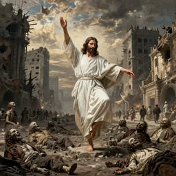 jesus christ in a white robe strikes a dramatic dance pose on dead laughing bodies in streets of an apocalyptic metropolis destroyed after war, fantasy art, dramatic lighting, insane details ; renaissance painting
