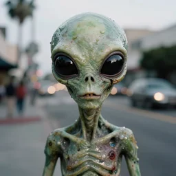 zombie with an alien with big black eyes in los angeles, in focus, blured background, bokeh, high detail, sharp, film photography, direct flash, kodak portra 4 0 0,