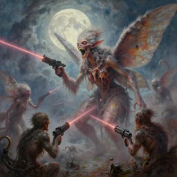 concept art of giant mutant fairy attack, lovecraftian, lots of teeth, melting horror, fluffy feathers, round moon, rich clouds, fighting the horrors of the unknown with laser guns, high resolution, very detailed, colorful, roaring, volumetric light, mist, grim, fine art, decaying, textured oil over canvas, epic fantasy art