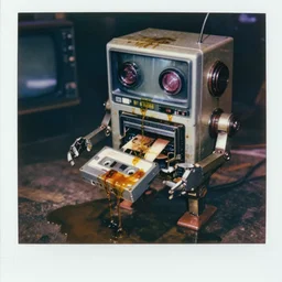 a anthropomorphic vcr robot birthing a vcr cassette, gross oil leaking, messy oil everywhere, detailed, intricate, wet metal, oily, bright lights, shocking, 1 9 7 1, polaroid photo, tv screenshot, horror, hyperrealism, photo realism