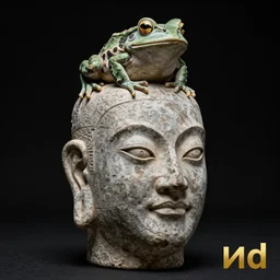 stone severed head of chinese philosopher guo xiang with eyes slightly open with a three - legged frog on his head on a black background and golden text виd under it, photorealistic, realistic, detailed, hyperrealistic, high quality, high resolution, lossless, lossless quality, 8 k, hdr, 4 k, 1 6 k