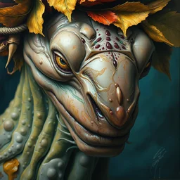 close - up portrait of a slug man by irakli nadar with intricate detailed color smashing fluid oil paint and acrylic, autumn leaves headdress, melting wax, mycelia, abstract impressionism, ruan jia, fantasy, hyper detailed, concept art, by peter mohrbacher and gustav klimt,