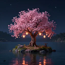 tree on a tiny overgrown island in the middle of a lake, pink flowers, lanterns, dark, night, stars, glowing, 4 k, hd, vibrant, digital art, octane render, trending on artstation