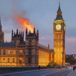 detailed, soft, dynamic painting of the Big Ben on fire, professional painting, at dusk