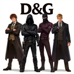 four characters, a grifter, a hacker, a thief, and a mastermind in the style of a d&d cover