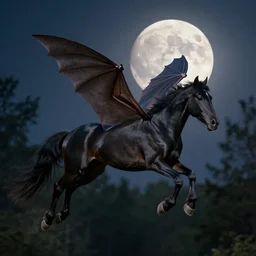 photo of a black horse with wings of a a bat flies in the light of the full moon in the forest, high detail