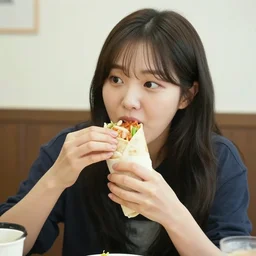 kim tae - ri eating a burrito,